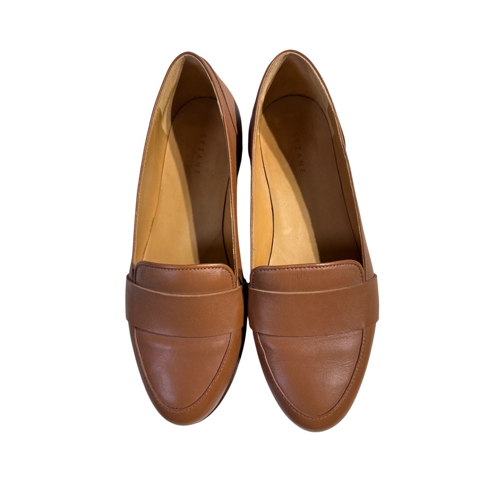 Sezane Tan Brown Leather Penny Loafers Classic Flats Size 7 READ
